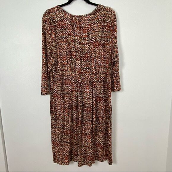 J Jill Midi Dress Sz L Brown Abstract Stretchy Knit Long Sleeve Pleated Pockets - Picture 2 of 11
